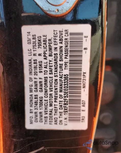 2014 Honda Civic Lx from USA, damaged, VIN 19XFB2F53EE033365